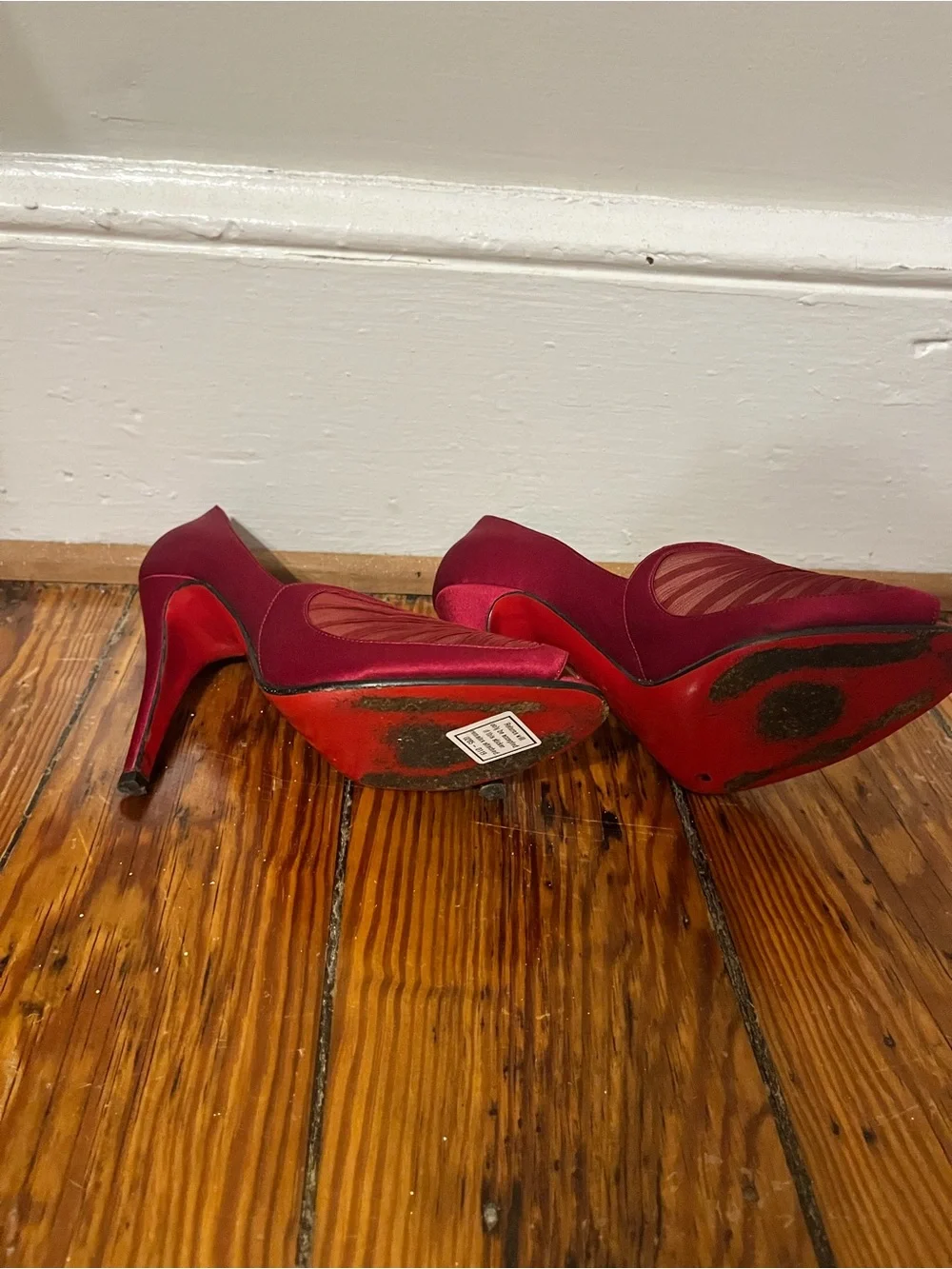 Christian Louboutin Burgundy Satin Peep-Toe Heels - Picture 4 of 6